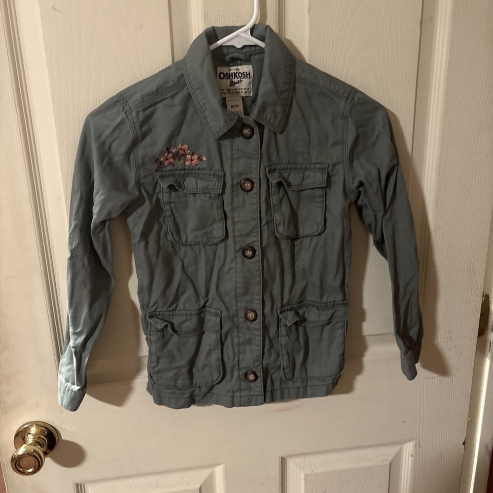 OshKosh Girls Green Embroidered Flower Button Up Shirt Jacket Coat Size 8